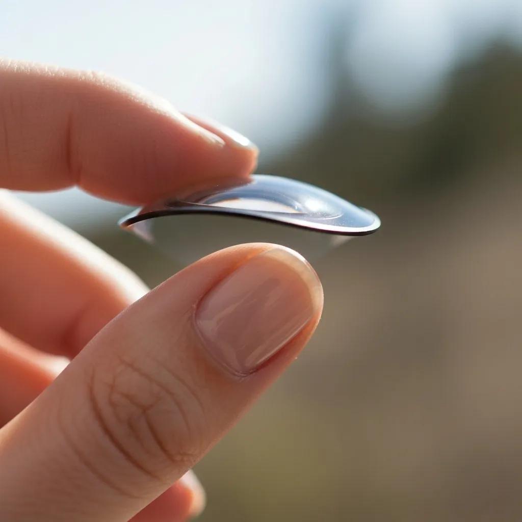 Close-up of a daily disposable contact lens held on a fingertip, highlighting its comfort and design features, emphasizing hygiene and convenience in eye care.