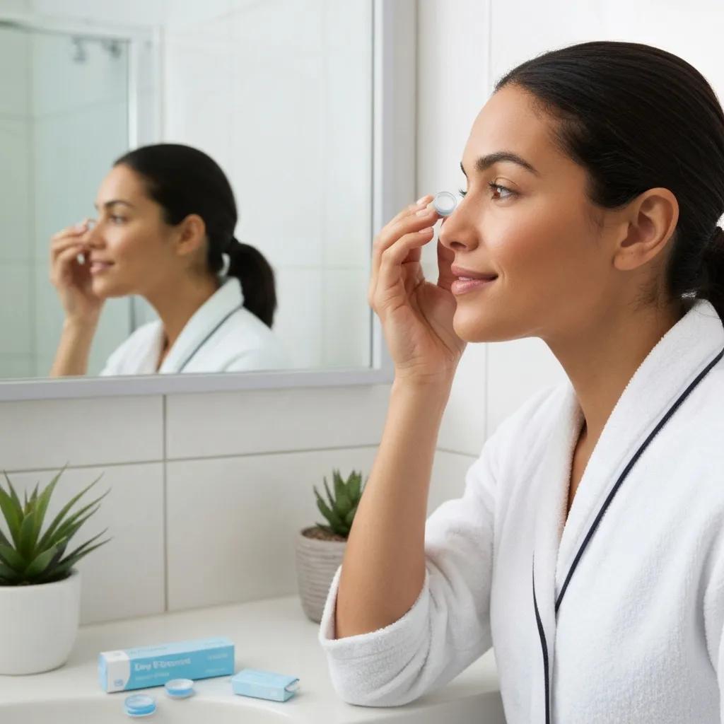 Person inserting a daily disposable contact lens in a clean bathroom, emphasizing hygiene and ease of use, with a focus on comfort and convenience.