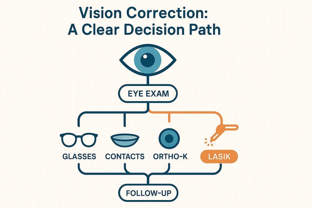 Vision correction flowchart illustrating options including eye exam, glasses, contacts, ortho-k, and LASIK, emphasizing decision-making for eye care.