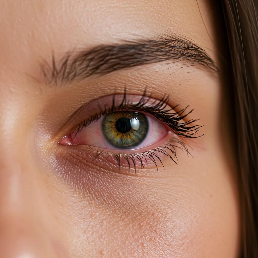 Close-up of a tired eye showing signs of eye strain, including redness and fatigue, relevant to symptoms of digital eye strain and visual discomfort.