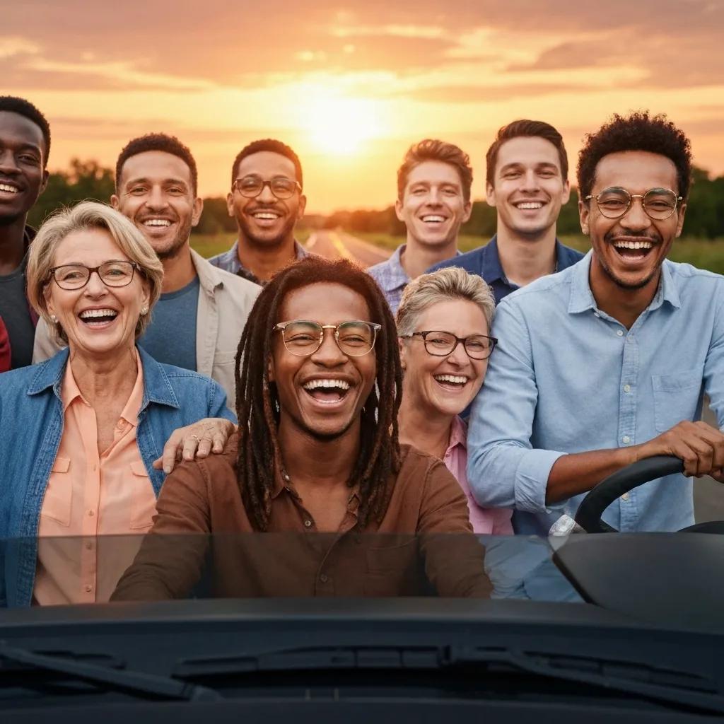 Diverse group of people smiling and enjoying activities outdoors, representing the positive impact of vision correction options like LASIK and contact lenses.