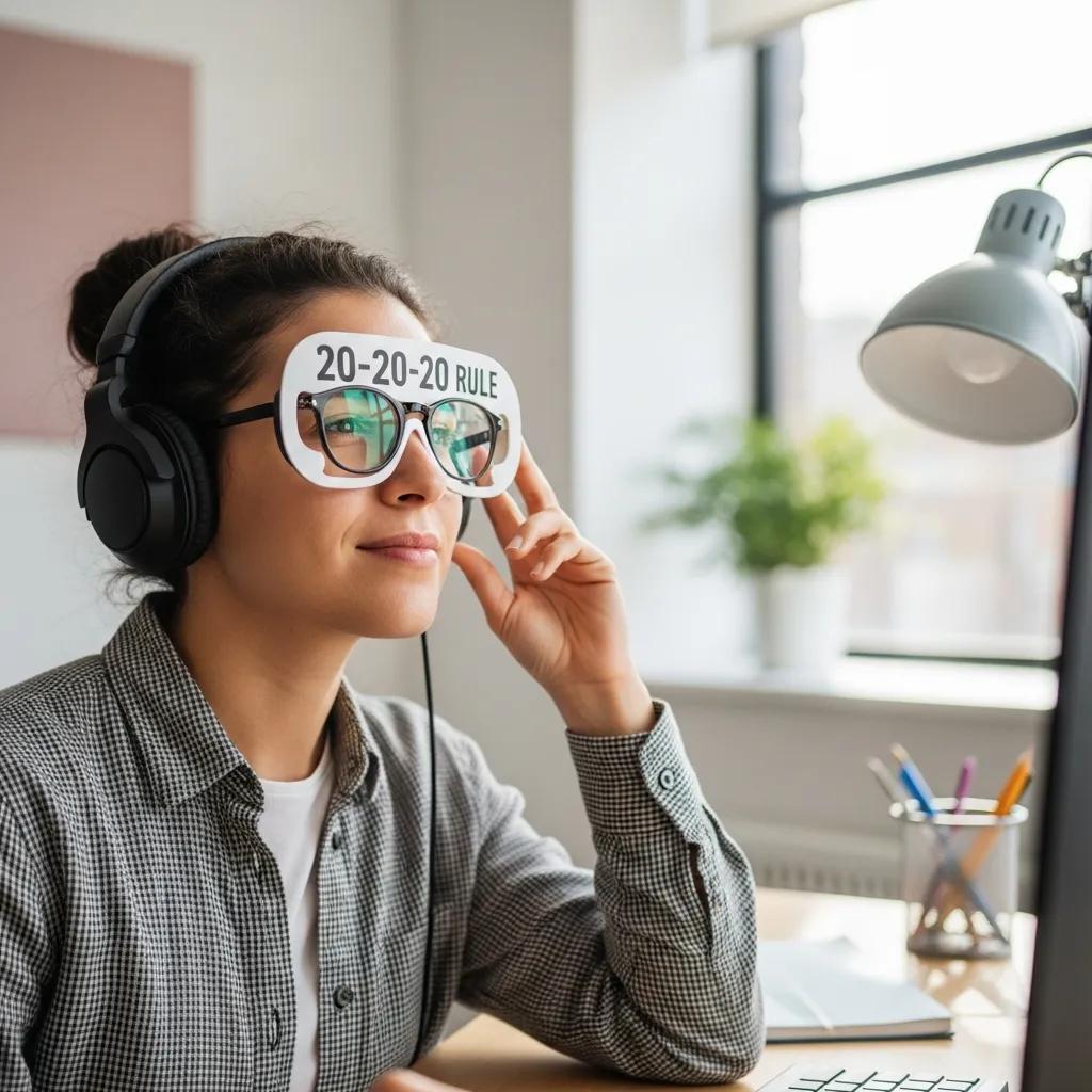 Person practicing the 20-20-20 rule to relieve eye strain